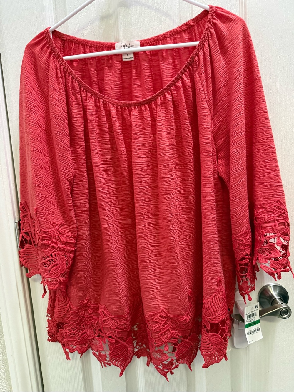 Style & Co. Coral Crochet Hem Peasant Blouse Size Large